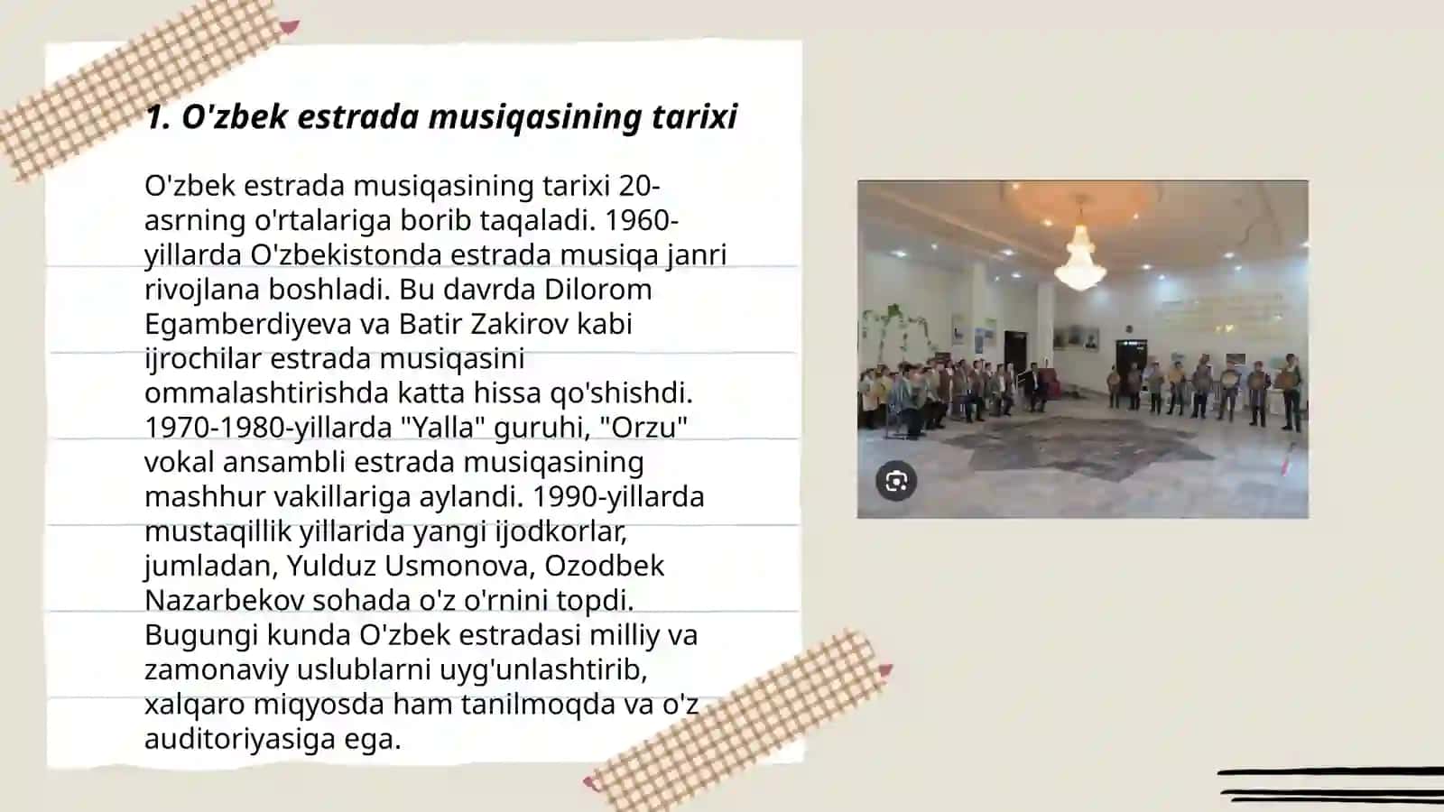 O'zbek zamonaviy musiqasi. ESTRADA musiqasining rivojlanishi va bolalar musiqasiga ta'siri 3