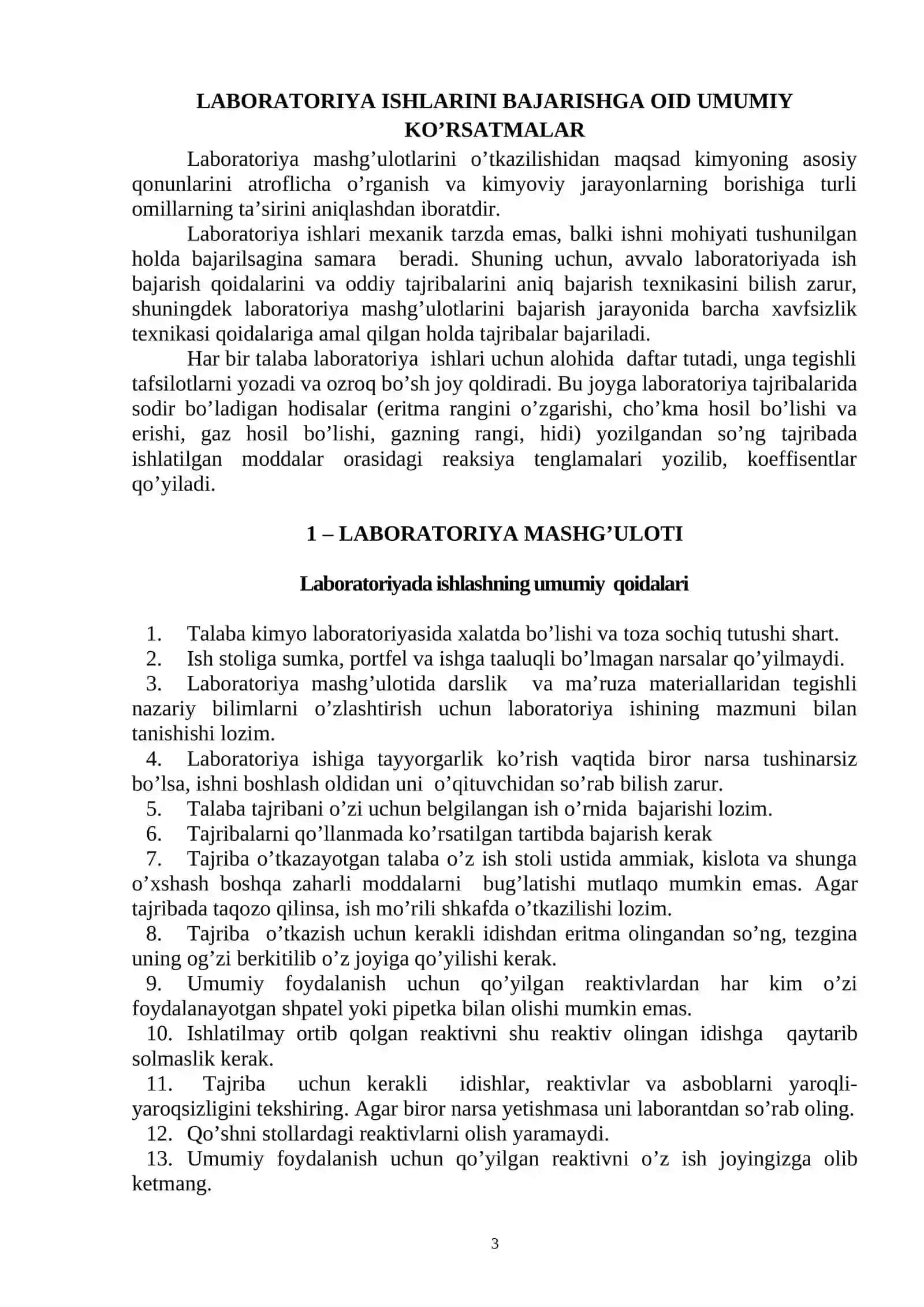 Umumiy va noorganik kimyo fanidan tajriba mashg’ulotlarini bajarish bo’yicha uslubiy qo’llanma 3