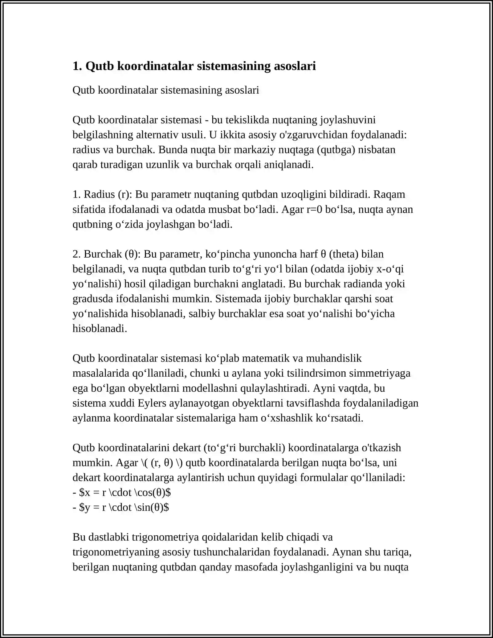 QUTB, SILINDRIK VA SFERIK KOORDINATALAR SISTEMASI 3