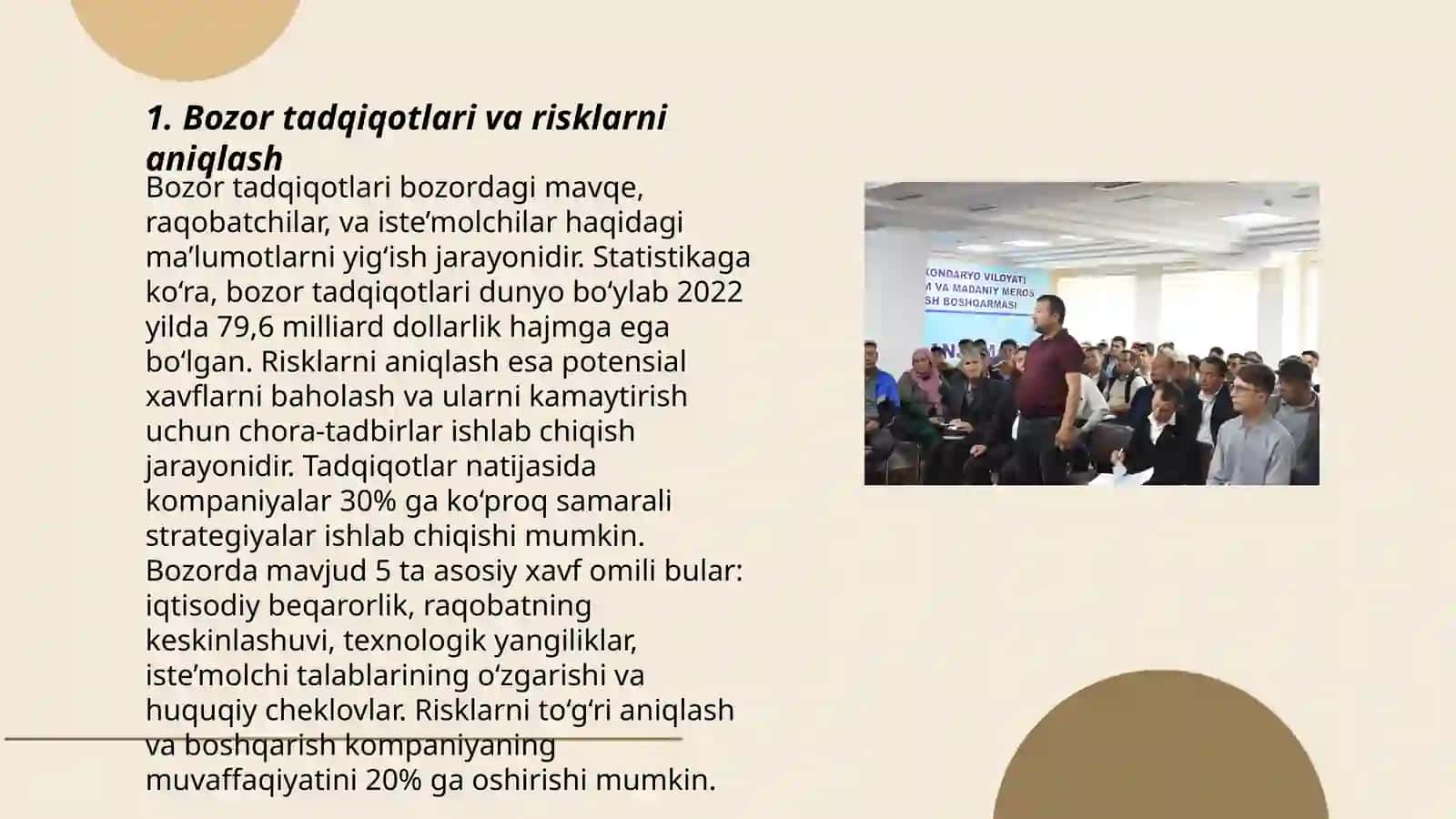 Bozorlarda faoliyat yuritish bilan bogʻliq risklarni hisobga olish va baholashning ahamiyati 3