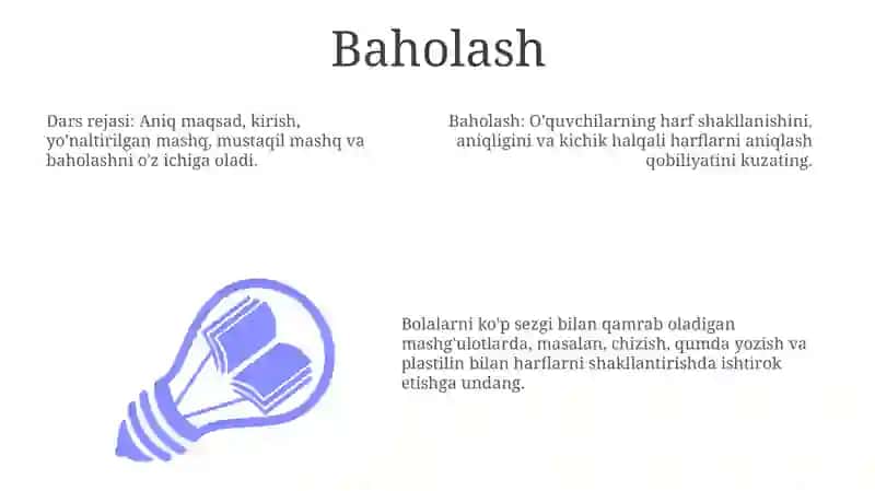 Halqa elementli kichik harflarni o'rgatish dars ishlanmasini tayyorlash 3