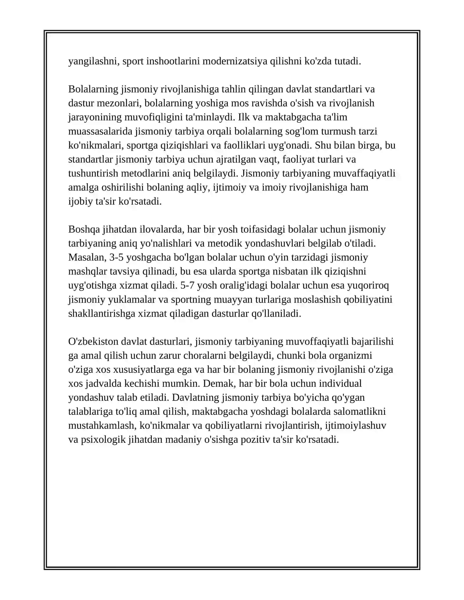 ILK VA MAKTABGACHA BOLALAR RIVOJLANISHIGA QO'YILADIGAN DAVLAT TALABLARI VA DAVLAT DASTURIDA JISMONIY TARBIYA MASALALARINING YORITILISHI 3