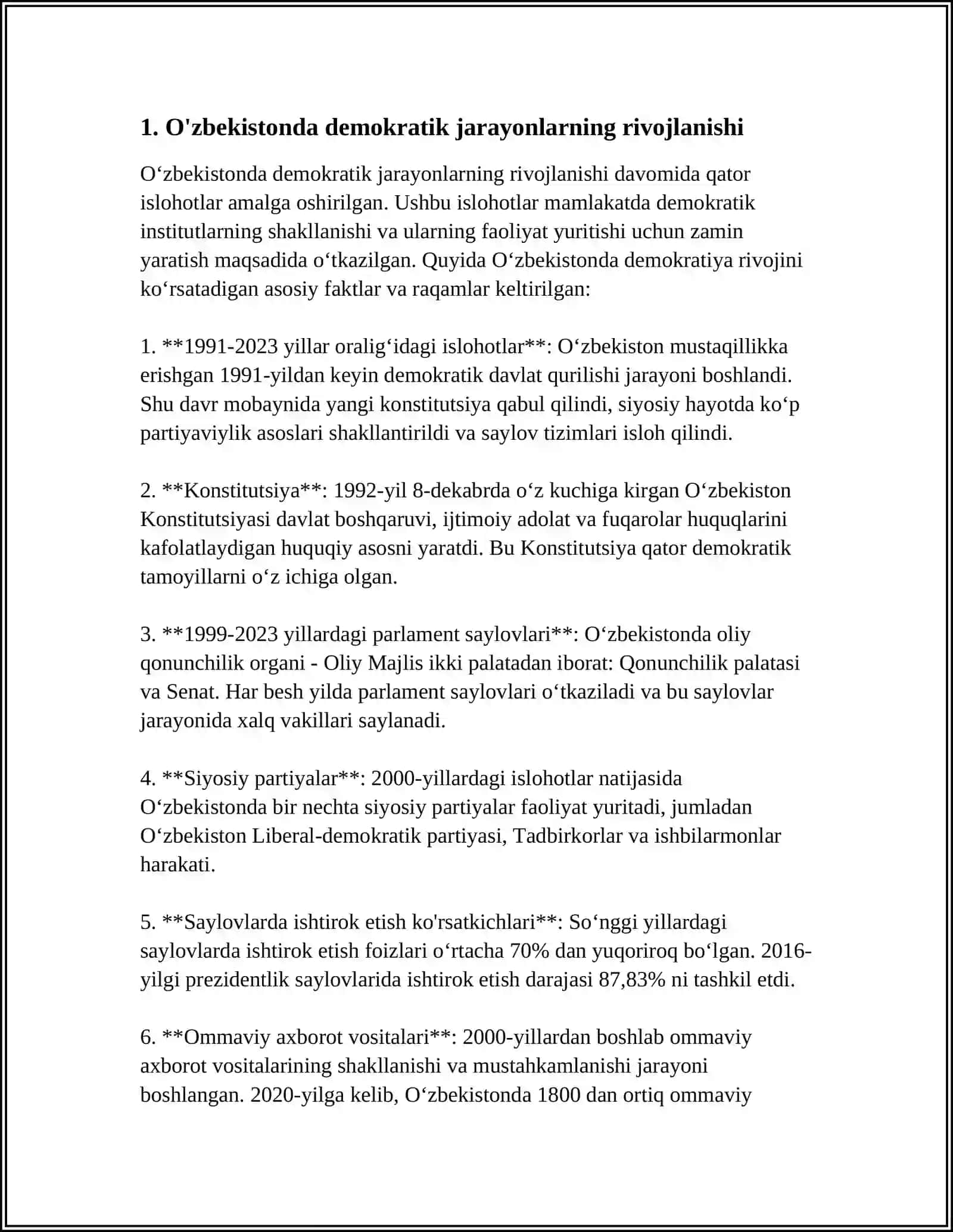 REFERAT Mavzu: O'ZBEKISTONDA DEMOKRATIK, FUQAROLIK JAMIYATI ASOSLARINING SHAKLLANISHI, AMALGA OSHIRILGAN SIYOSIY ISLOHOTLAR 3