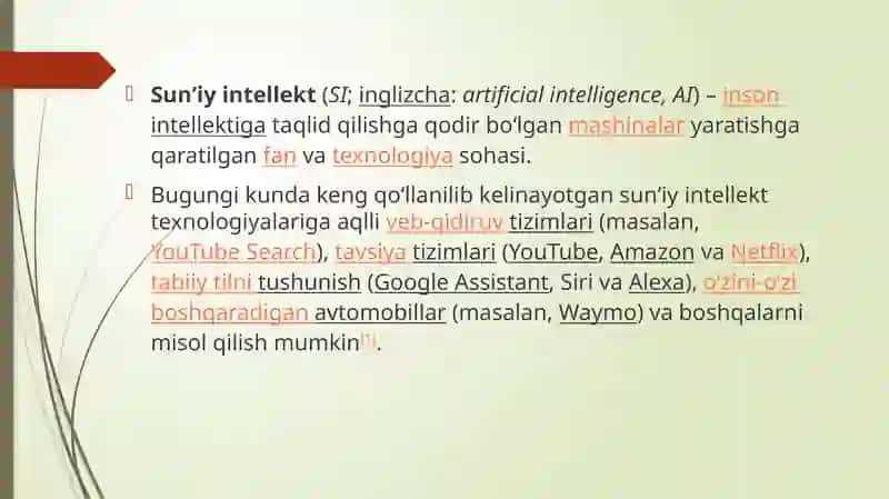 Su’niy intellekt tizimlari. Umumiy su’niy intelekt. Odamlar kabi fikrlaydigan tizimlar. Ratsional fikrlaydigan tizimlar.Su’niy intellekt qaysi sohada eng zarur. Su’niy entellekt: fikrlaydigan mashinalar va ongli robotlar 3