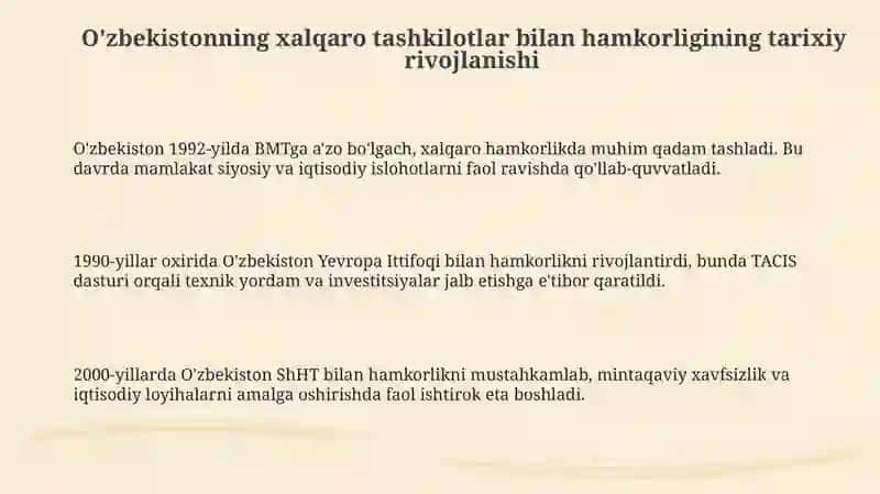 Õzbekistonning xalqaro tashkilotlar bilan hamkorlik aloqalari 3