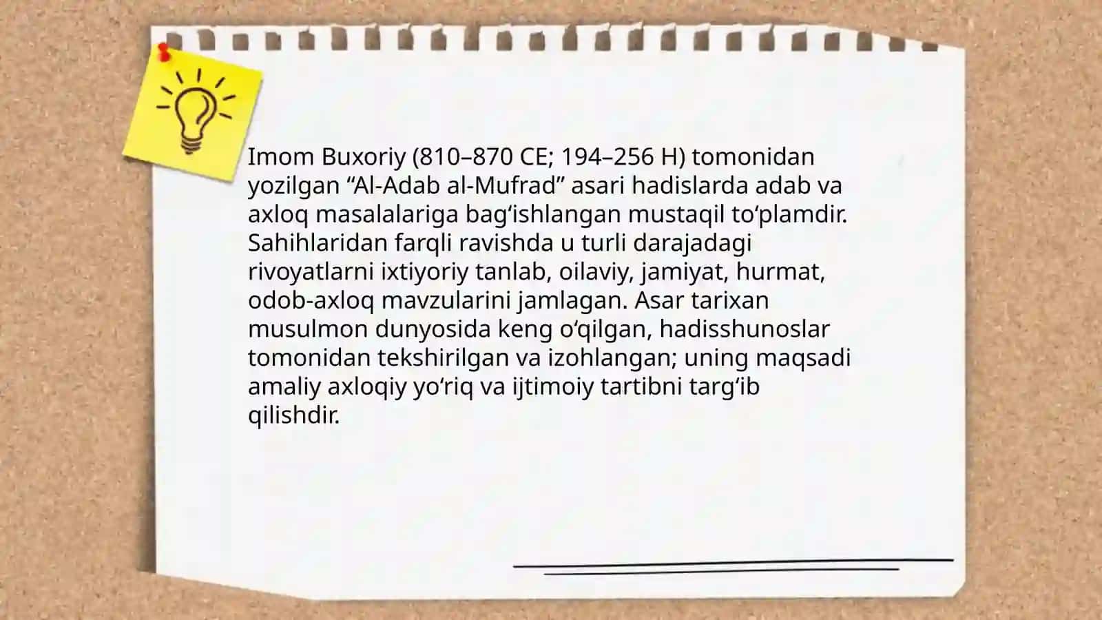 Imom Buxoriyning “Al-Adab al-mufrad” asarinikonspektlashtirish va esse tayyorlash 3