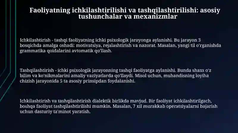 Faoliyatning interiorizatsiyasi va eksteriorizatsiyasi. Mehnatning psixologik xususiyatlari 3
