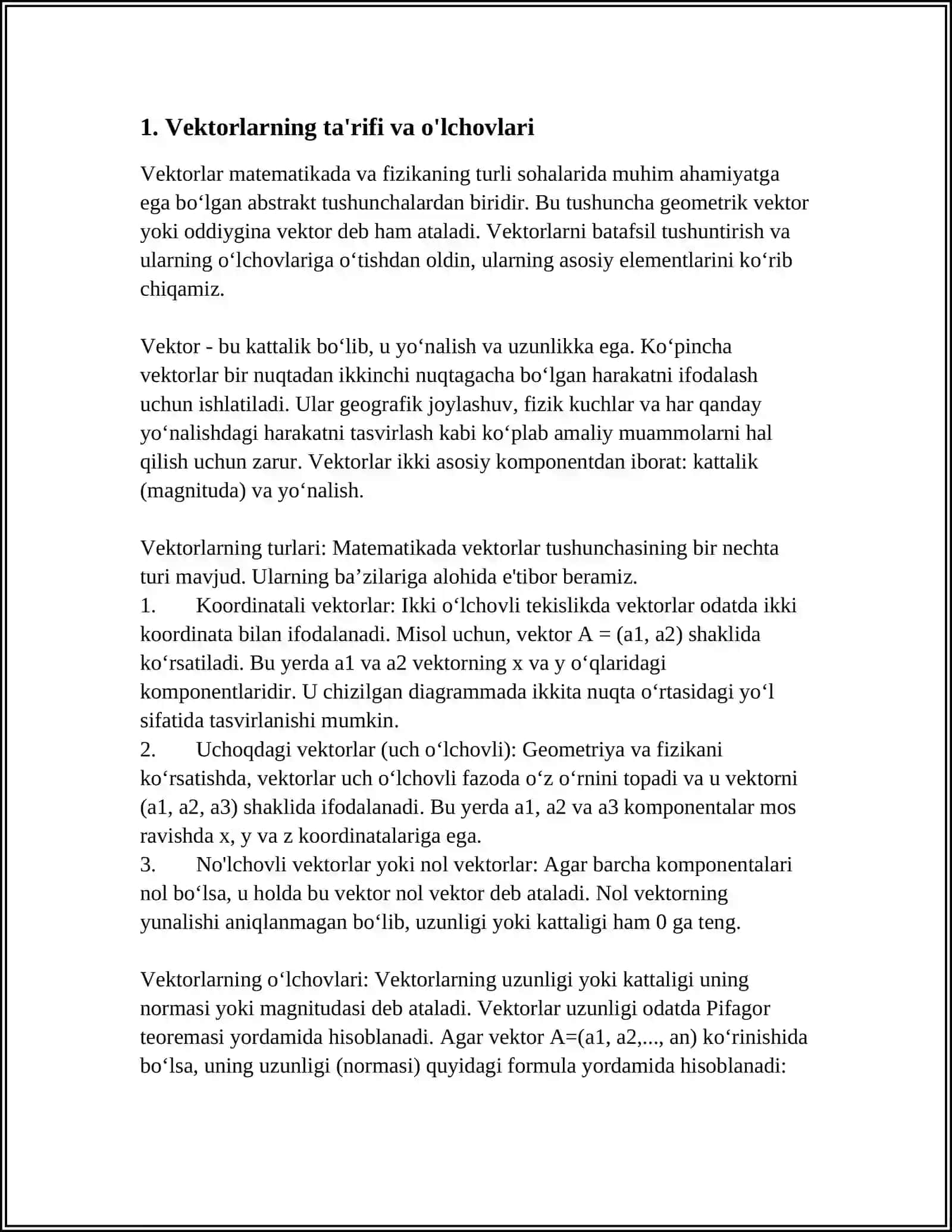 VEKTORLARNING VEKTOR KÒPAYTMASI VA UNING XOSSALARI.MISOLLAR 3