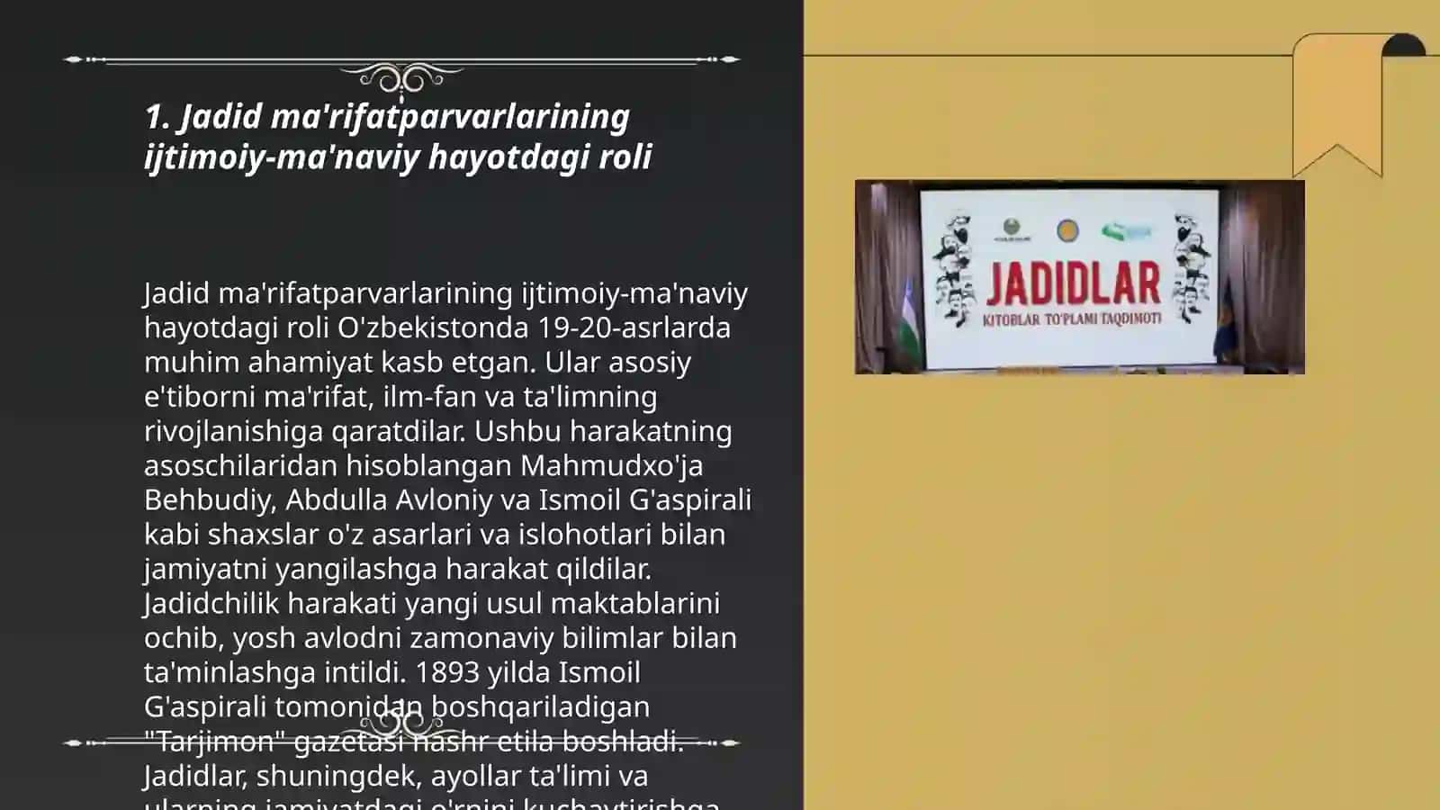 Jadid ma'rifatparvarlarining oʻlka ijtimoiy-ma'naviy hayotida tutgan oʻrni (Munavvar Qori, Fitrat, Behbudiy, Avloniy va boshq.) mavzuga oid manbalarni tahlil qilish 3