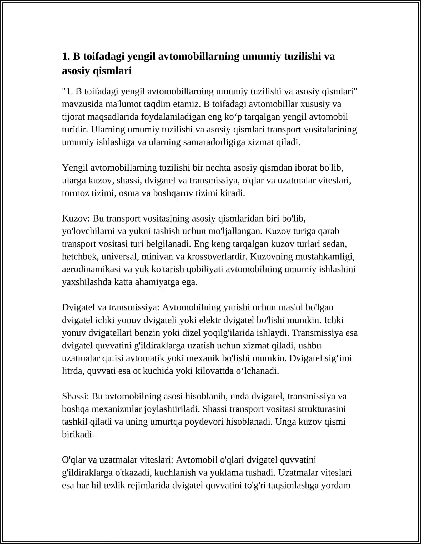 B TOIFADAGI YENGIL AVTOMOBILLARNING UMUMIY TUZILISHI 3