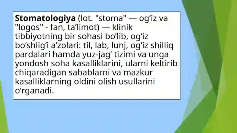 Oʻzbekistonda Stomatologiya tarixi.Stomatologiya fani, uning vazifasi va yo’nalishlari. 3