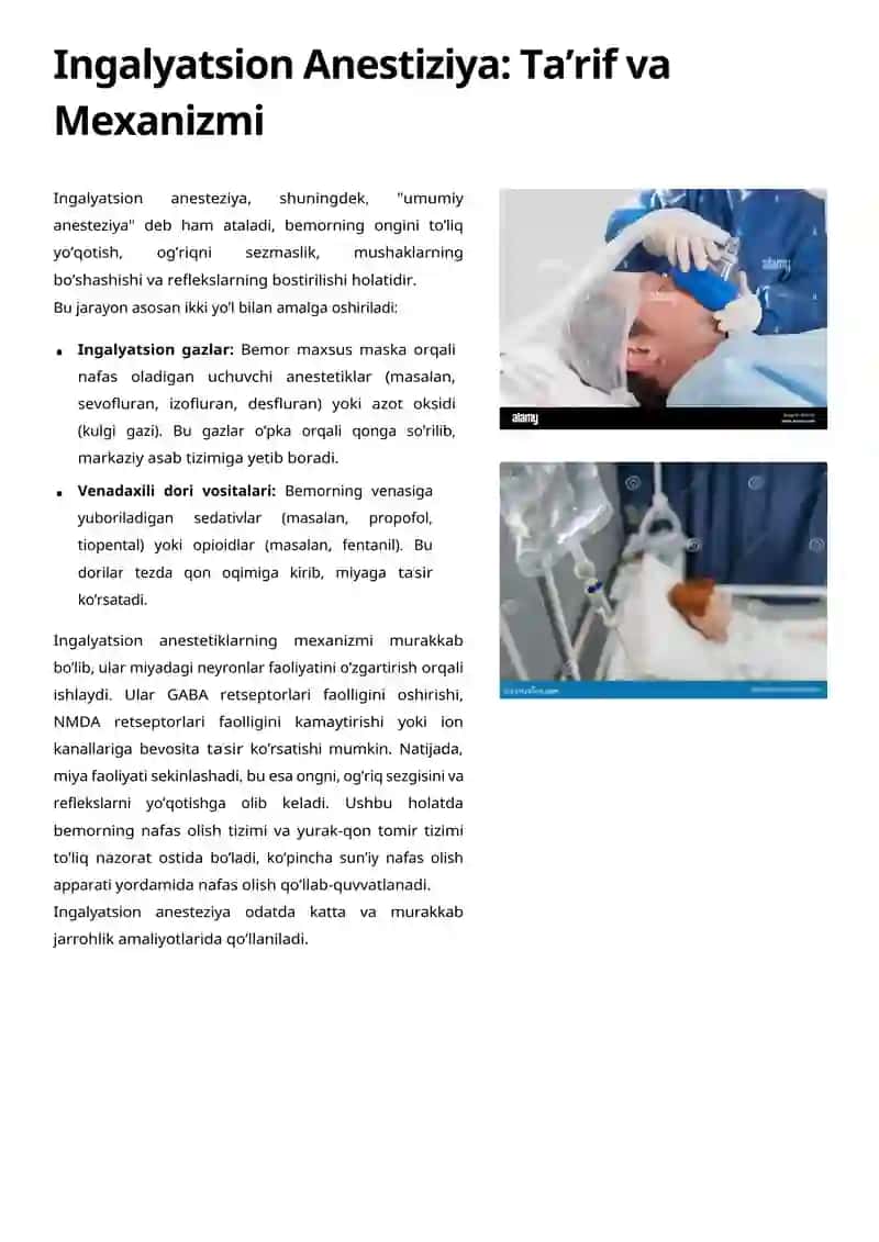 Ingalyatsion va No Ingalyatsion Anestiziya: Tushuncha, Turlari va Amaliyoti 3