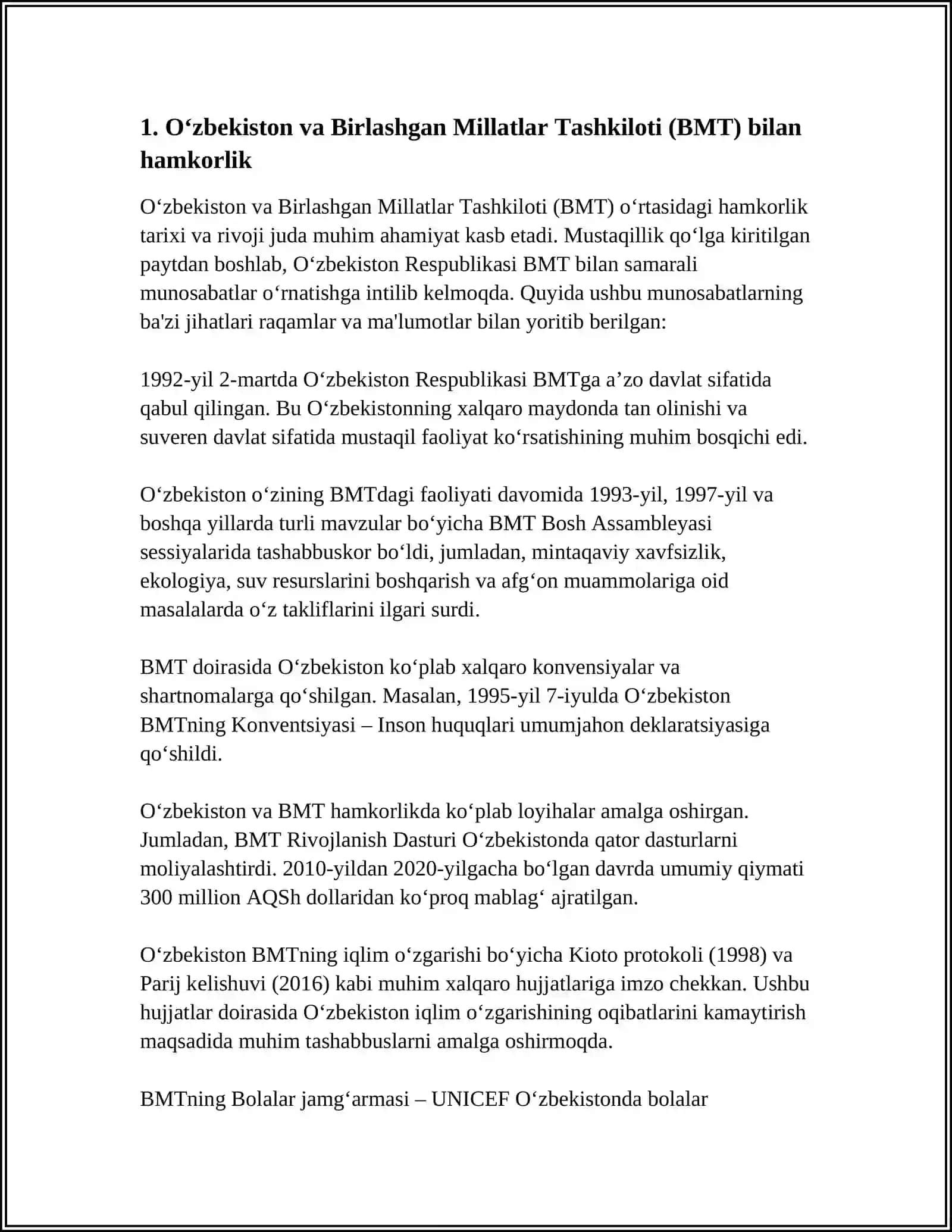 O'ZBEKISTONNING XALQARO TASHKILOTLAR BILAN HAMKORLIK ALOQALARI 3