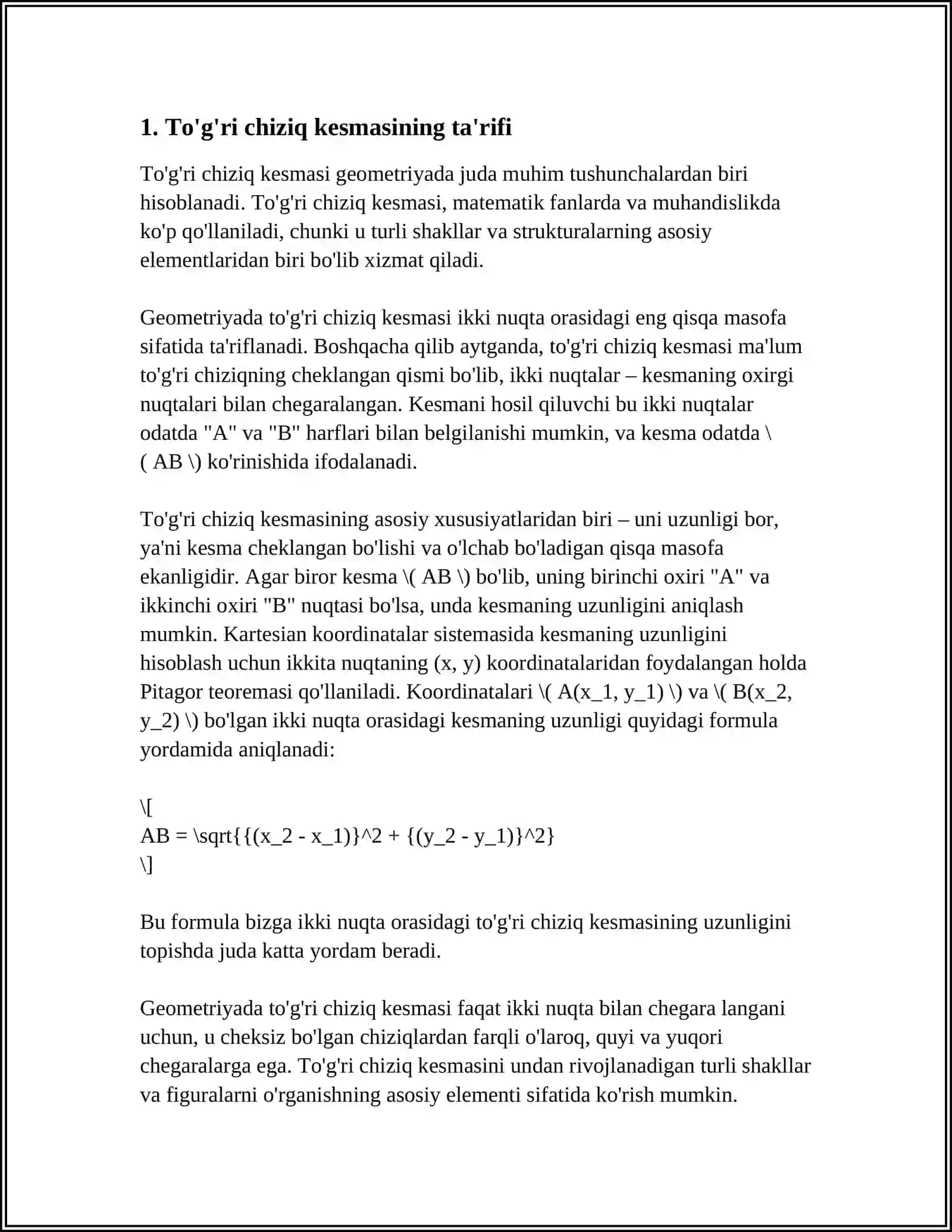 1-SINFLARDA TO'G'RI CHIZIQ KESMASI, KESMA UZUNLIGI 3