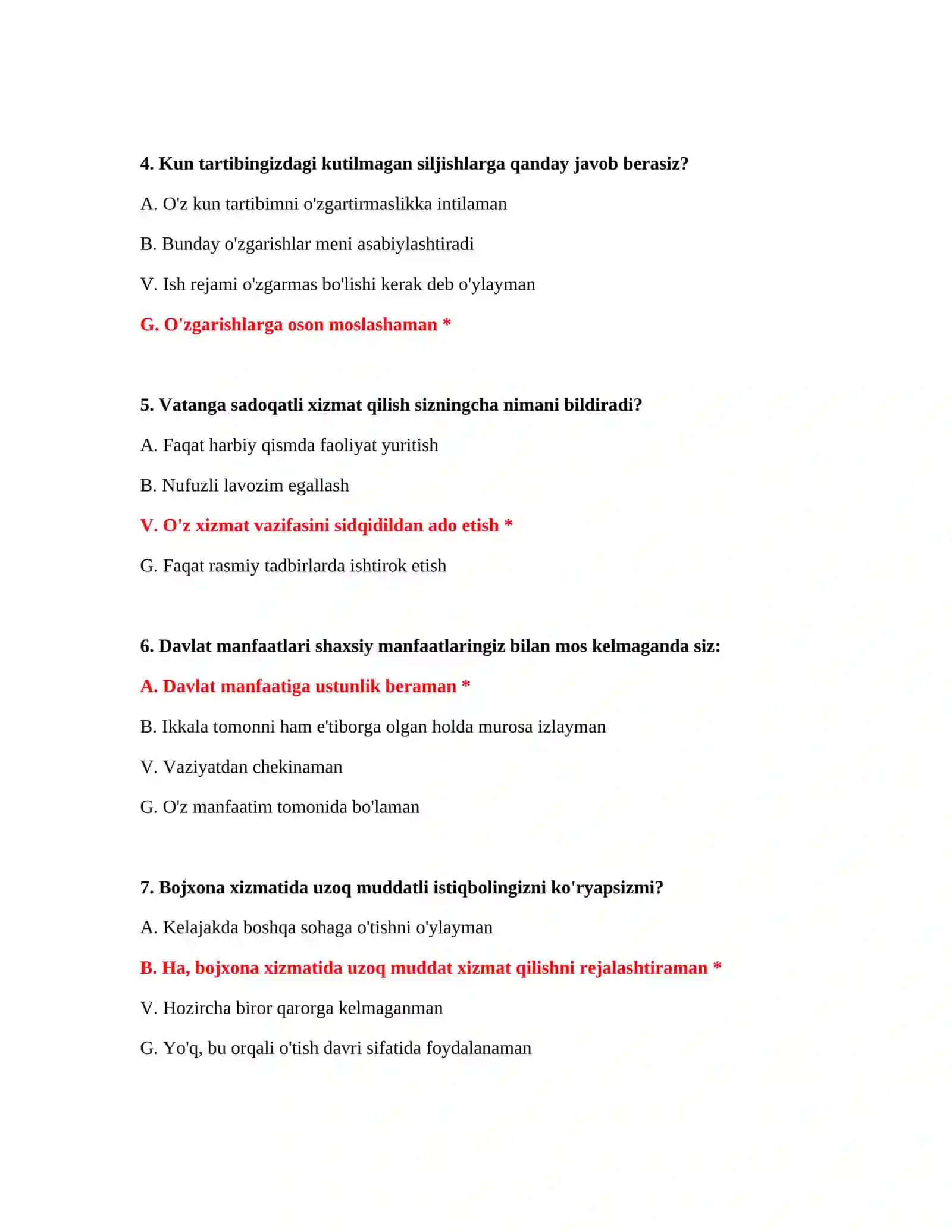 Bojxona ishga kirish tayyorgarlik testlari 3