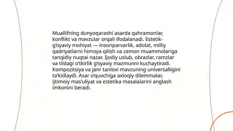 Tanlangan badiiy asarlarni estetik-g‘oyaviy jihatdan tahlil qilish 3