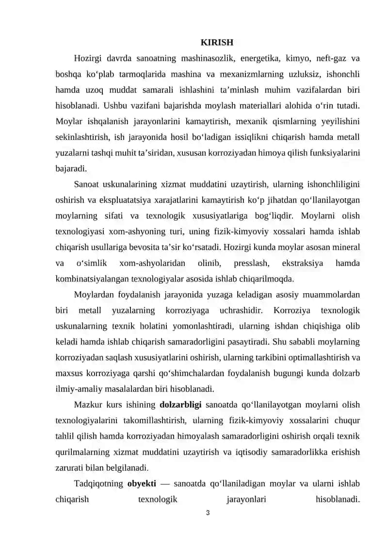 MOYLARNI OLISH TEXNOLOGIYASI VA KORROZIYADAN SAQLASH XUSUSIYATLARINI O'SHIRISH USULLARINI O‘RGANISH 3