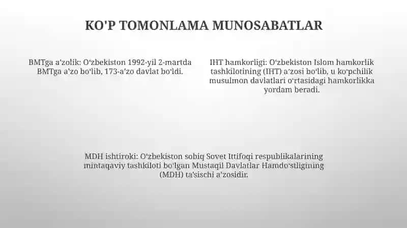 O‘Zbekistonning Xalqaro Tashkilotlar Bilan Hamkorlik Aloqalari 3