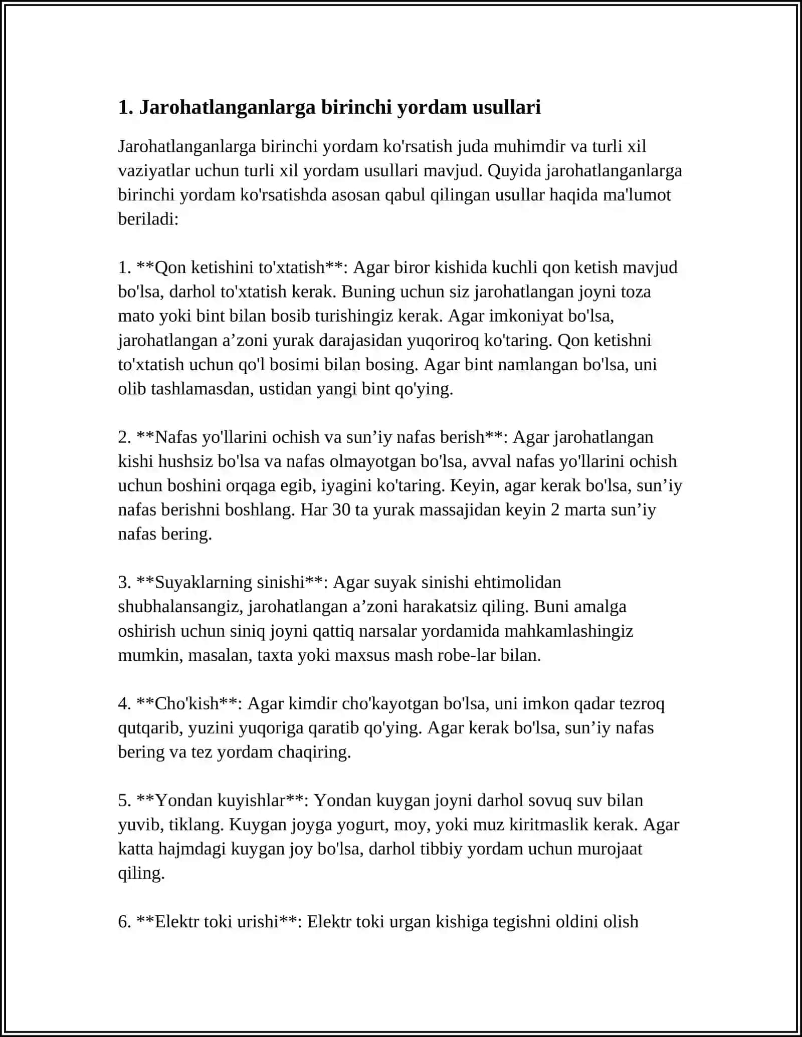 JAROXATLANGANLARGA BIRINCHI TIBBIY YORDAM KORSATISHNING AMALIY JIHATLARINI OʻRGANISH 3