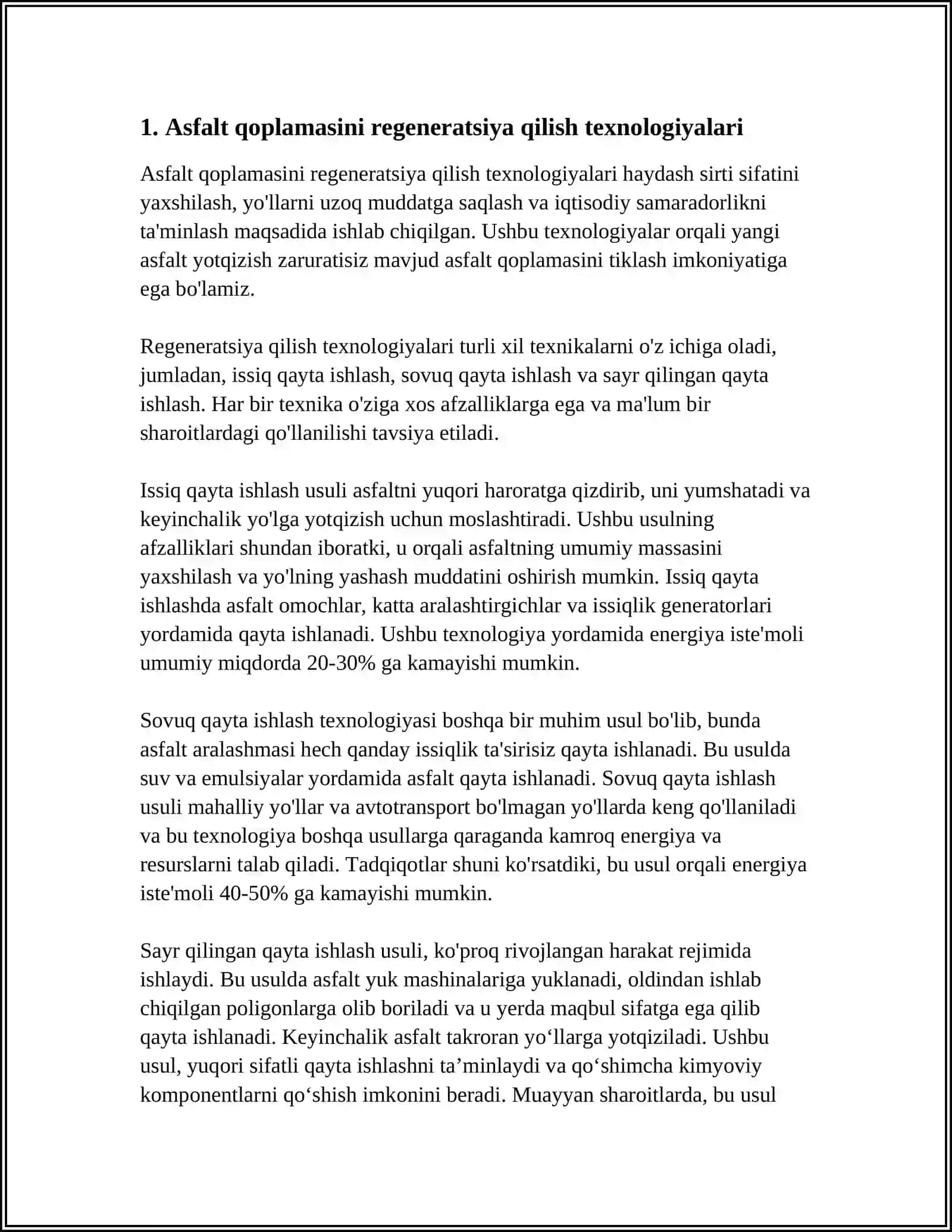 YO‘L TO‘SHAMASINING QOPLAMASINI REGENERATSIYA QILISH USULLARI VA ULARNI QO‘LLASH 3
