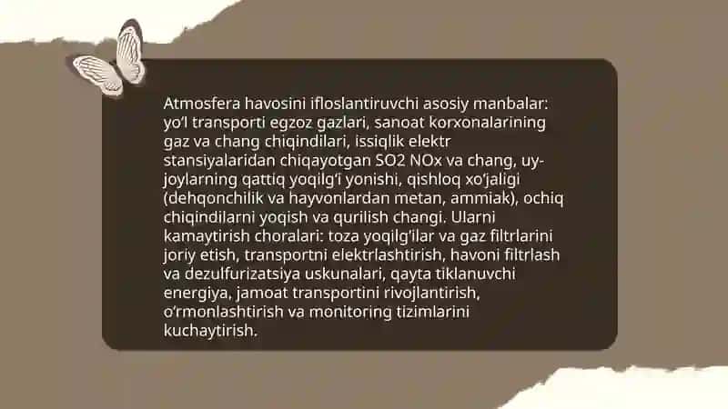ATMOSFERA HAVOSI, SUV VA TUPROQNI MUHOFAZA QILISH CHORALARI. ICHIMLIK SUVI SIFATINI YAXSHILASH USULLARI 3