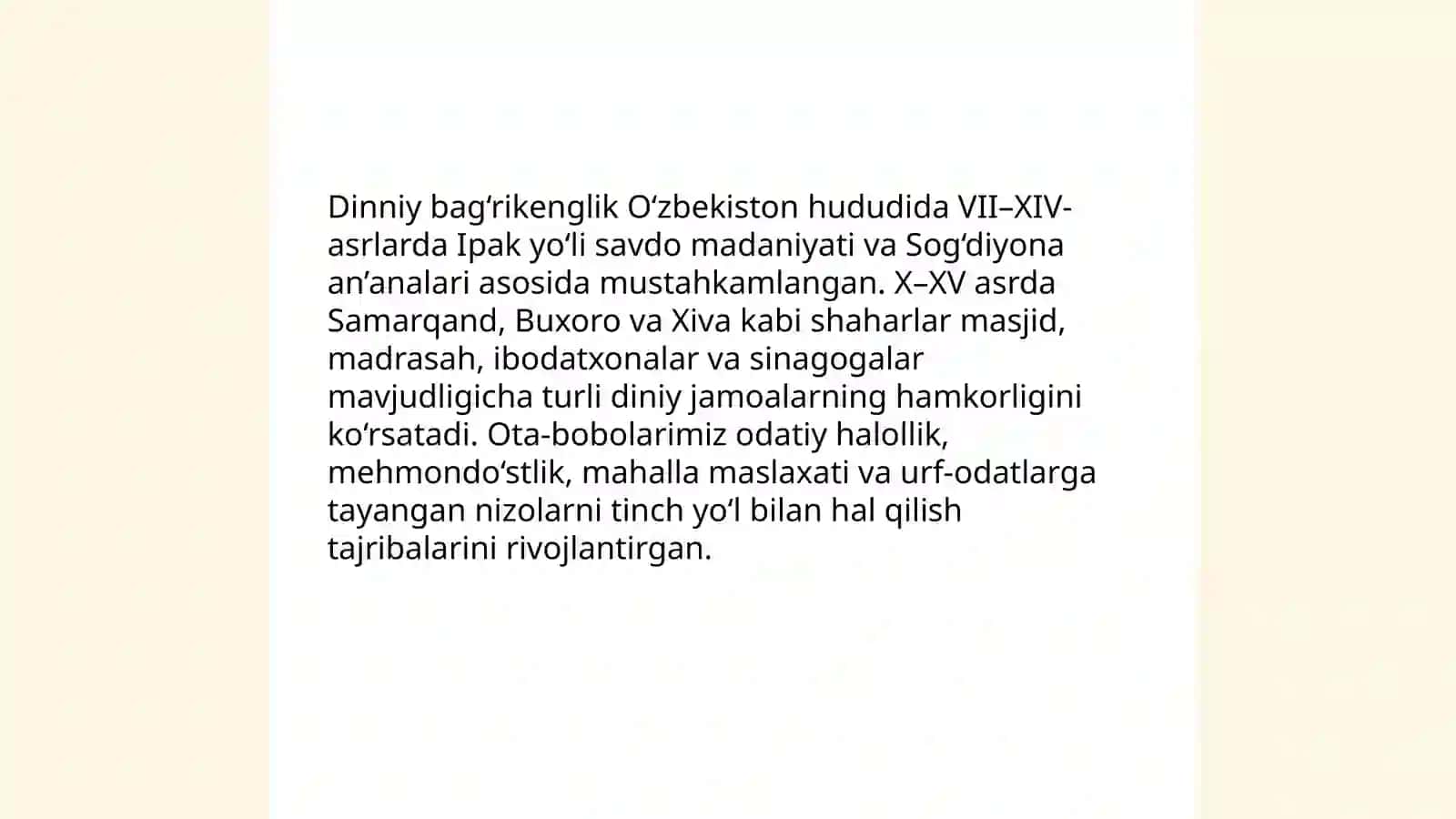 Dinniy bag‘rikenglik ota-bobolarimizdan meros bo‘lgan milliy qadriyat 3