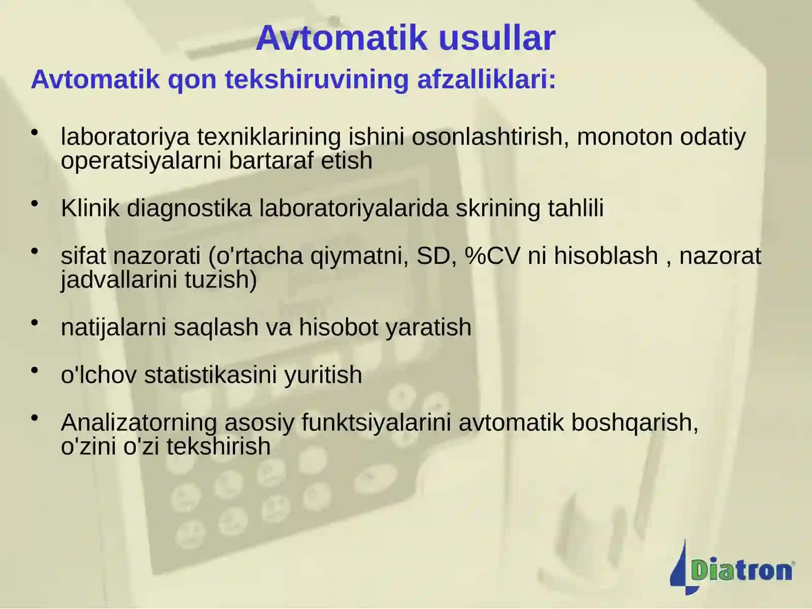Umumiy qon tahlilini Diatron (Avstriya) gematologiya analizatorlari 3