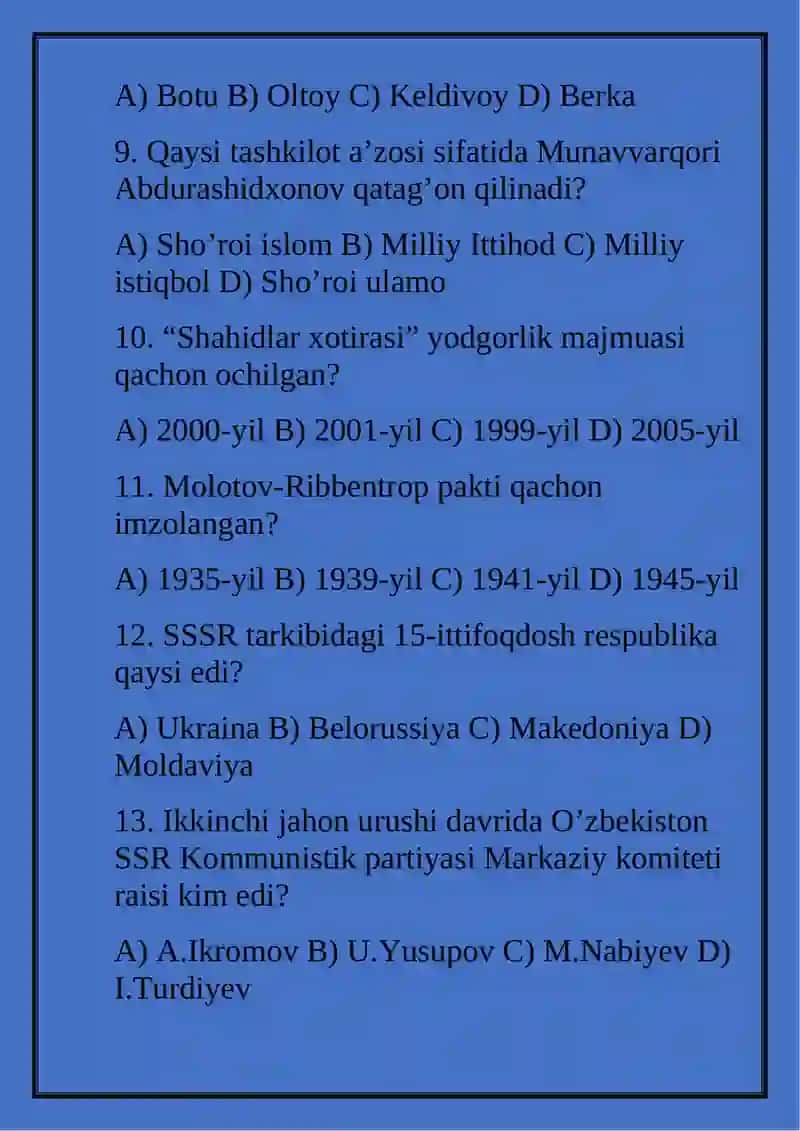 O'zbekiston tarixi fanidan tuzgan testi 3