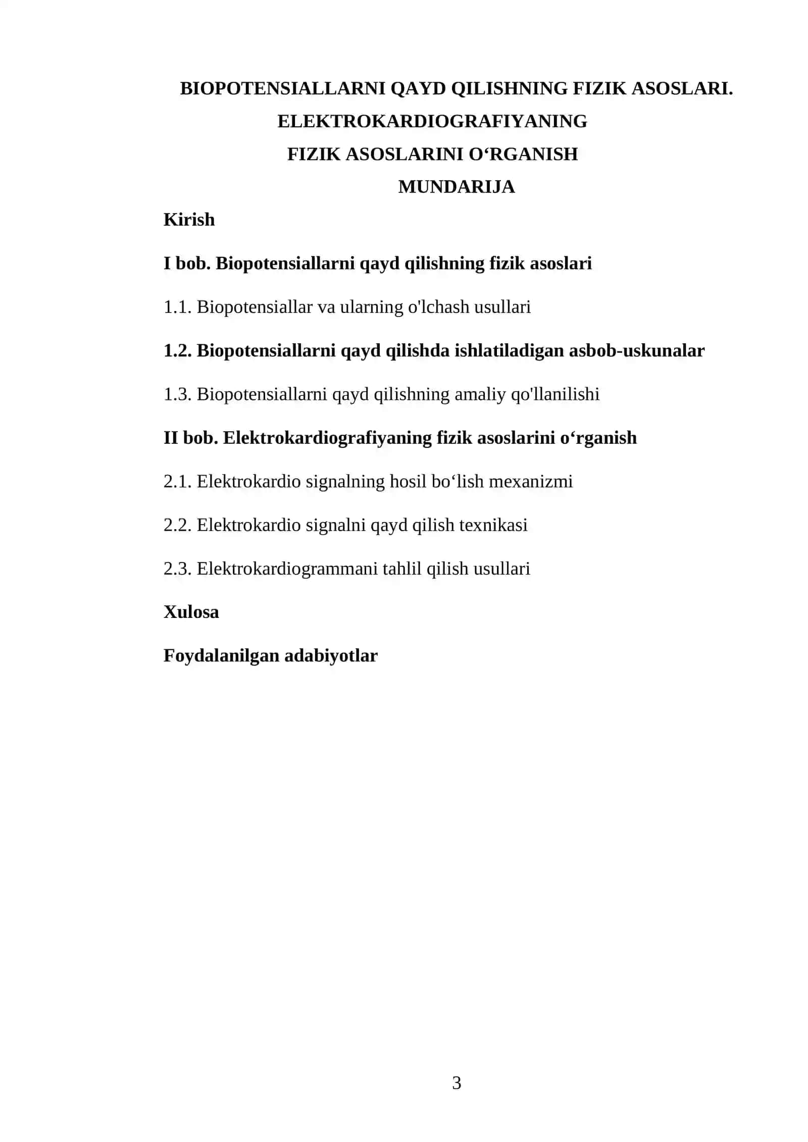 BIOPOTENSIALLARNI QAYD QILISHNING FIZIK ASOSLARI. ELEKTROKARDIOGRAFIYANING FIZIK ASOSLARINI O‘RGANISH 3