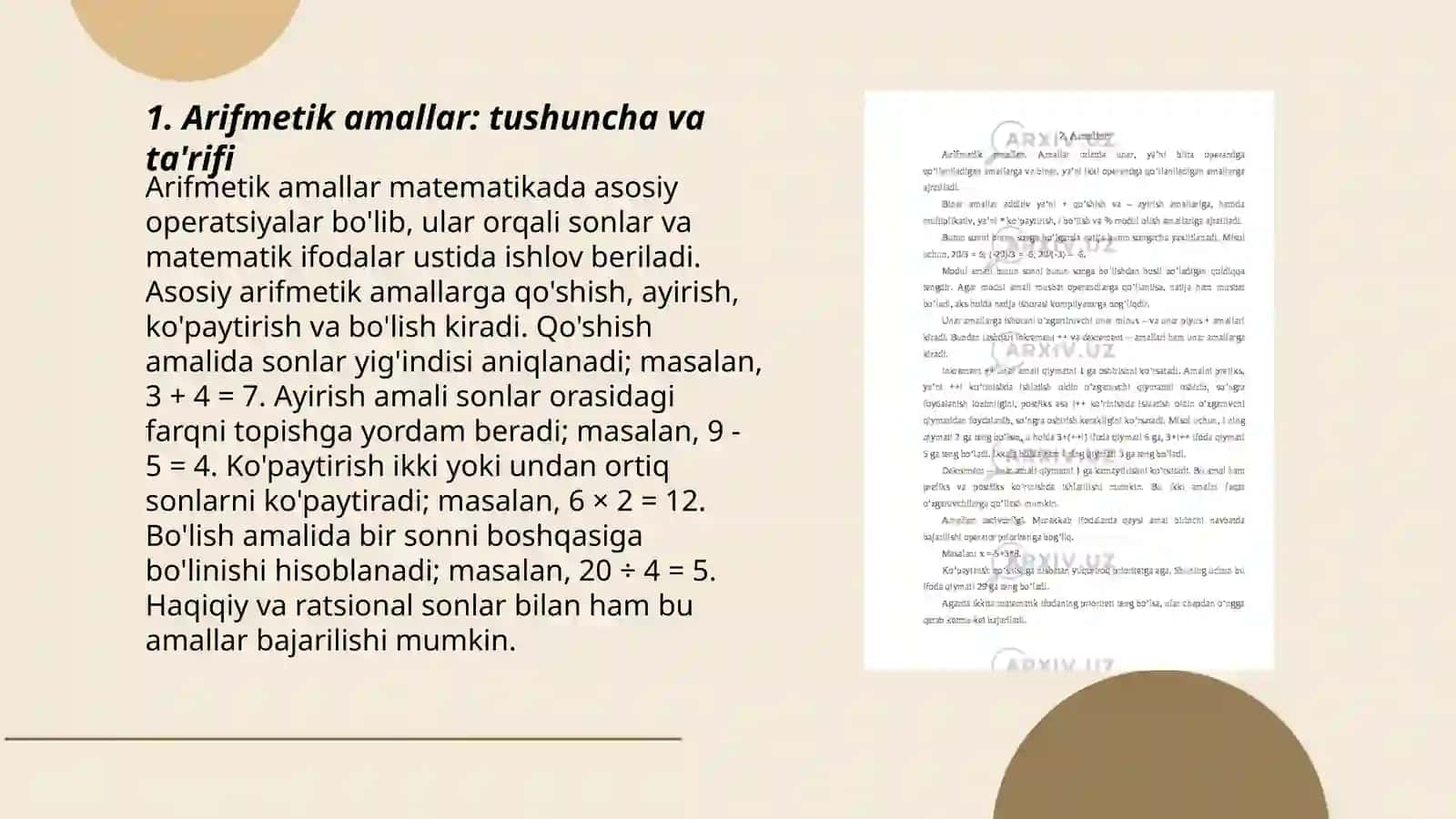 Kesmalarning oʻlchami sifatida qaralgan sonlar ustida arifmetik amallar tarifi va amallar bajarish xossalari 3