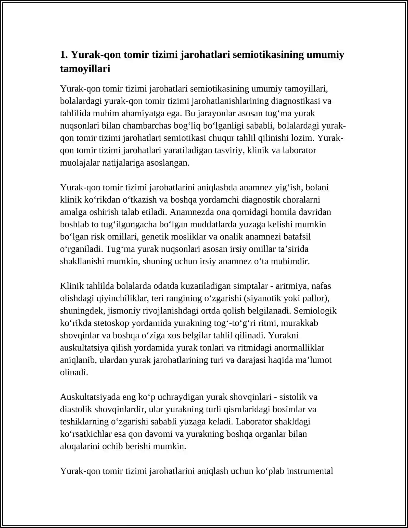BOLALARDA YURAK-QON TOMIR TIZIMI JAROHATLANISH SEMIOTIKASI. BOLALARDA KOʻP UCHRAYDIGAN TUGʻMA YURAK NUQSONLARI SEMIOTIKASI 3