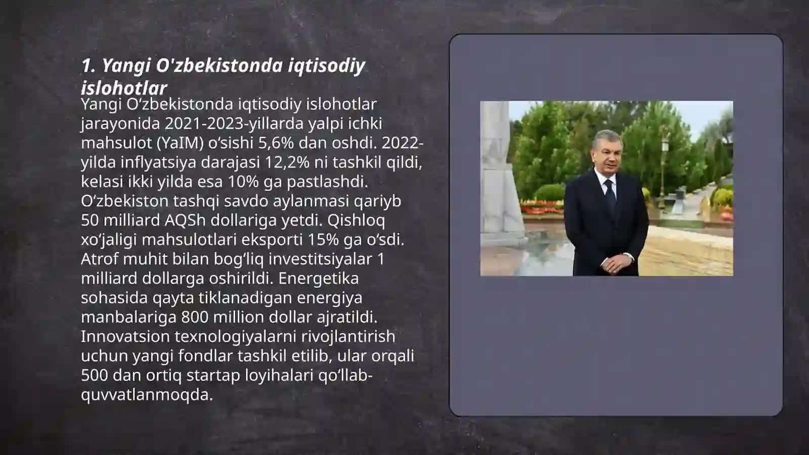 Yangi O'zbekistonda prezident Shavkat Mirziyoyev rahbarligi va tashabbusi ortida amalga oshirilayotgan islohotlar 3