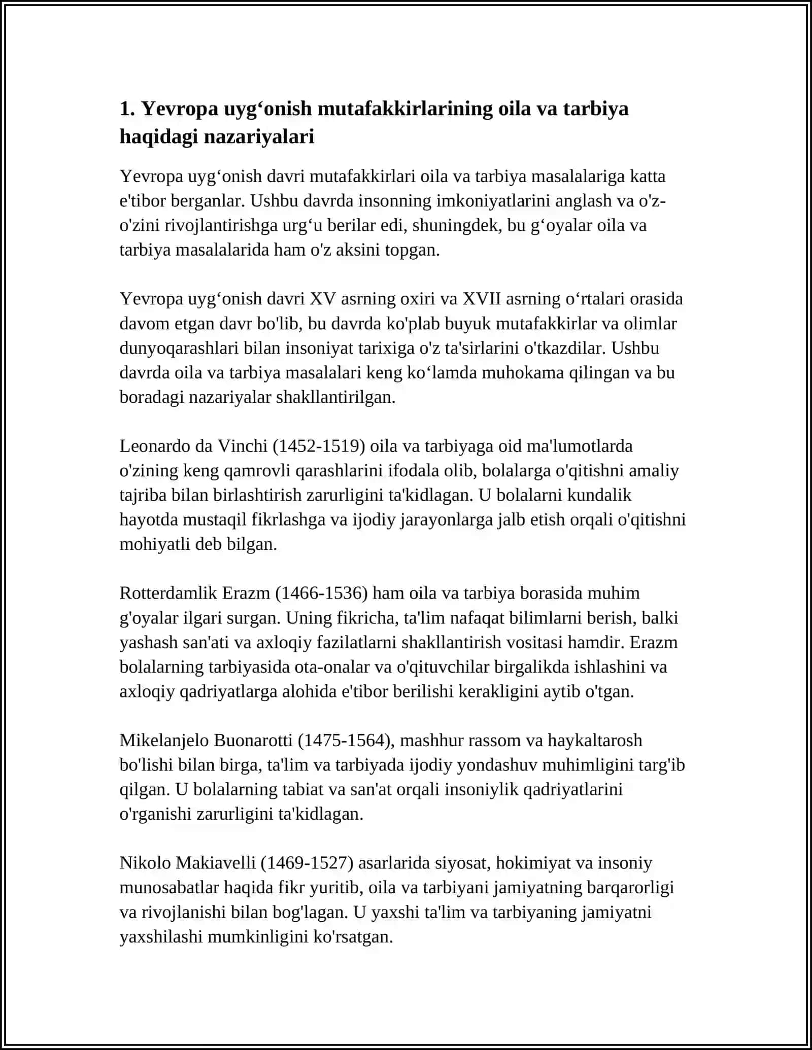 YEVROPA UYGʻONISH MUTAFAKKIRLARI ASARLARIDA OILA TARBIYASINING AKS ETISHI 3