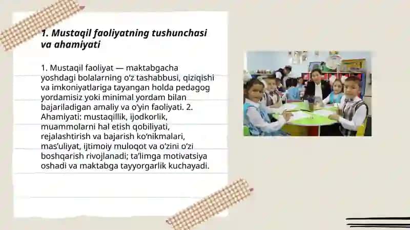 Mustaqil Faolyat.Maktabgacha yoshdagi bolalarga talim berishning asosiy shakli 3