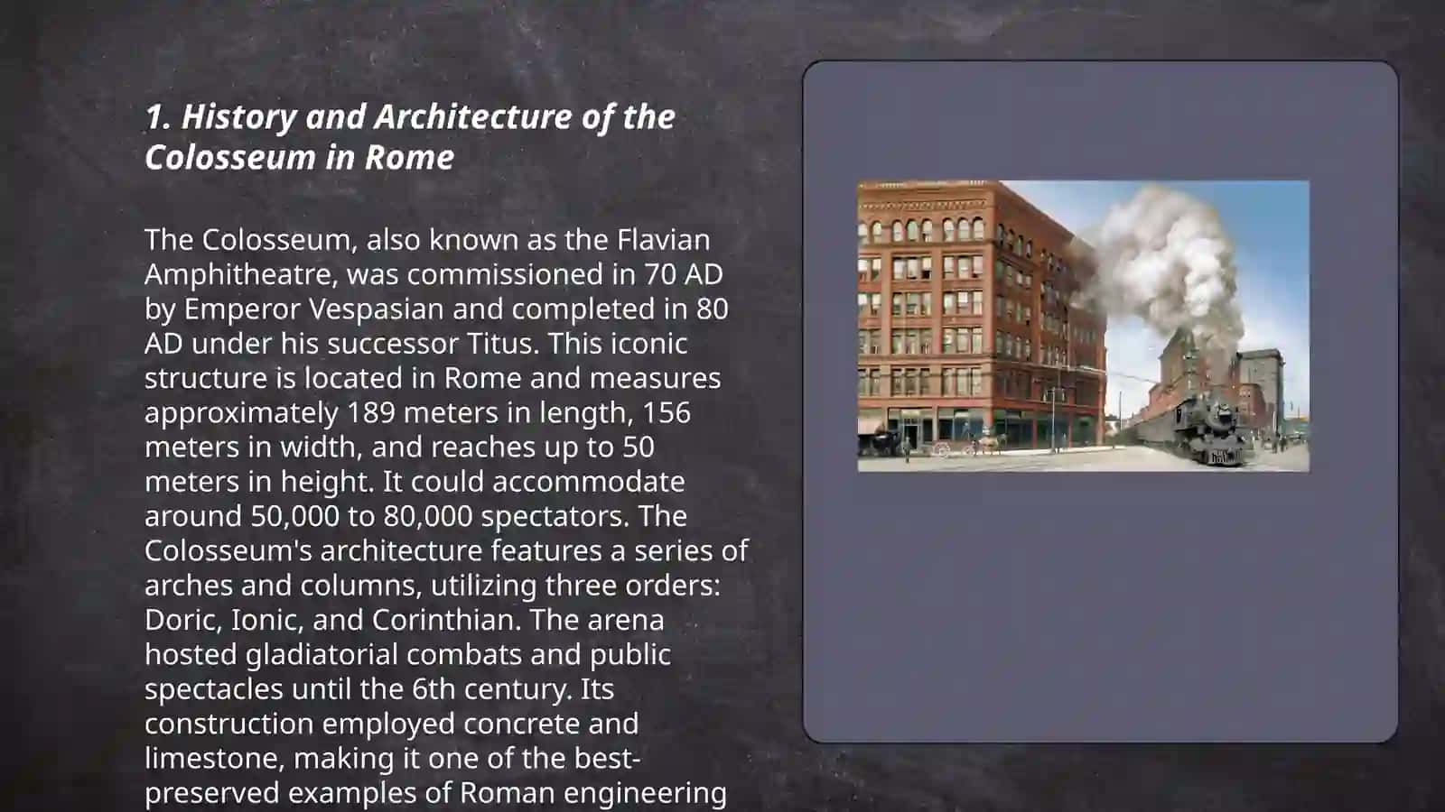 Plan: 1. History and Architecture of the Colosseum in Rome 2. The Origin and Construction of Stonehenge in England 3. The Significance and Restoration of the Parthenon in Athens 3