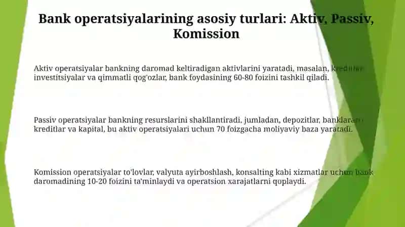 Bank operatsiyalari turlari  Bank operatsiyalarining turlari aktiv, passiv, komission(dizayn) 3