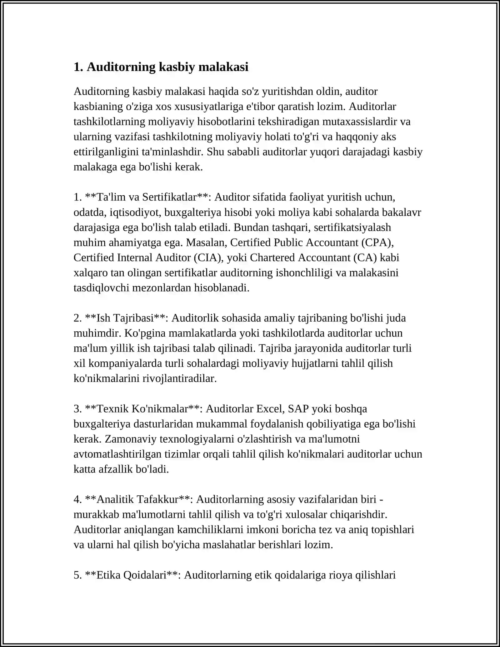 MUSTAQIL ISH Mavzu: AUDITOR KASBIGA QÔYILADIGAN TALABLAR 3