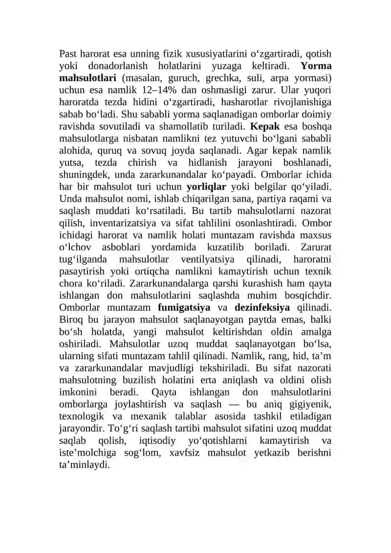 Qayta ishlangan don maxsulotlarini omborlarga joylashtirish tartibi va saqlash. 3