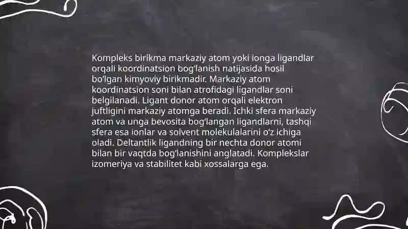 Kompleks birikmalar kimyosining asosiy tushunchasi 3