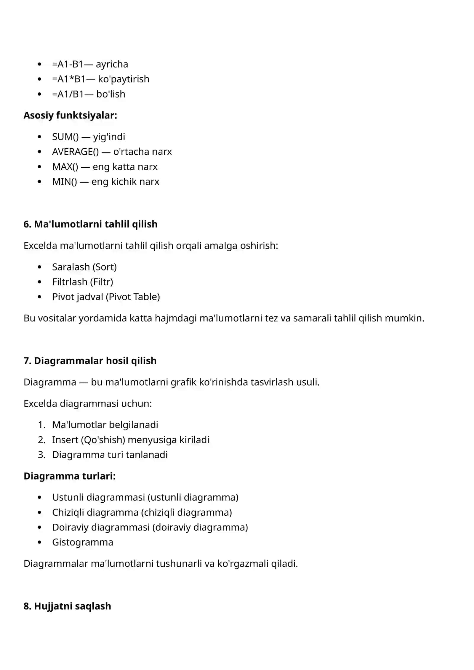 MS Office dasturlarida elektron jadvallar, tahlillar yuritish, diagrammalar hosil qilish 3