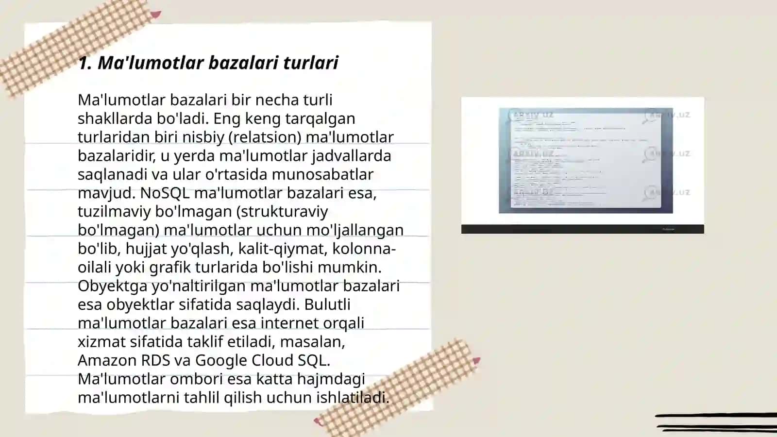 Malumotlar bazalari va katta hajimdagi ma'lumotlar bilan ishlash texnalogiyalari 3