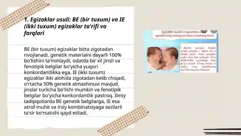 Egizaklar usuli.Bir(BE) va ikki tuxum hujayrali (IE) egizaklarda uchraydigan belgilarning konkordantligi 3