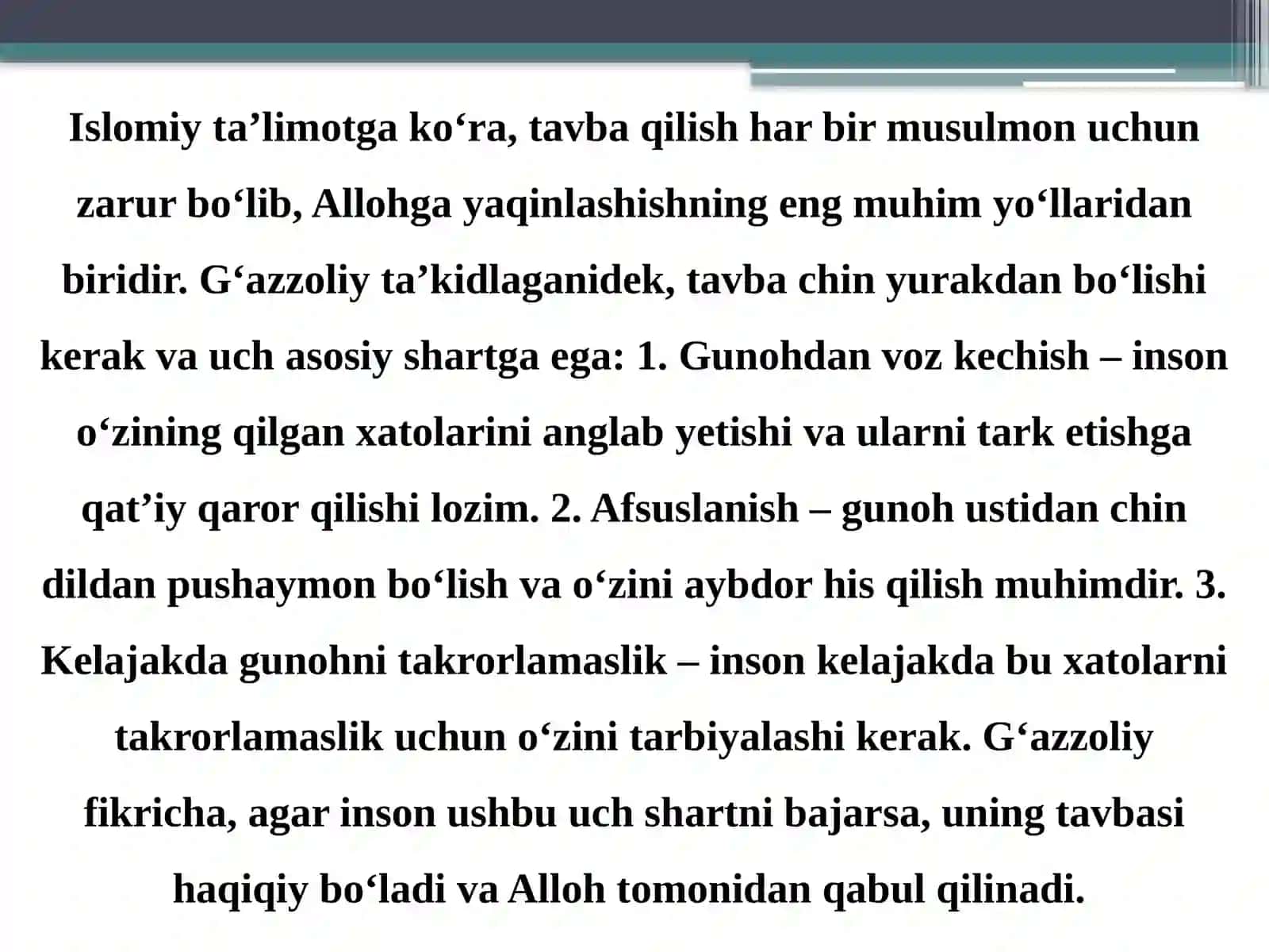 G`azzoliyning Tavba asari asosida ,,Din va axloq 3