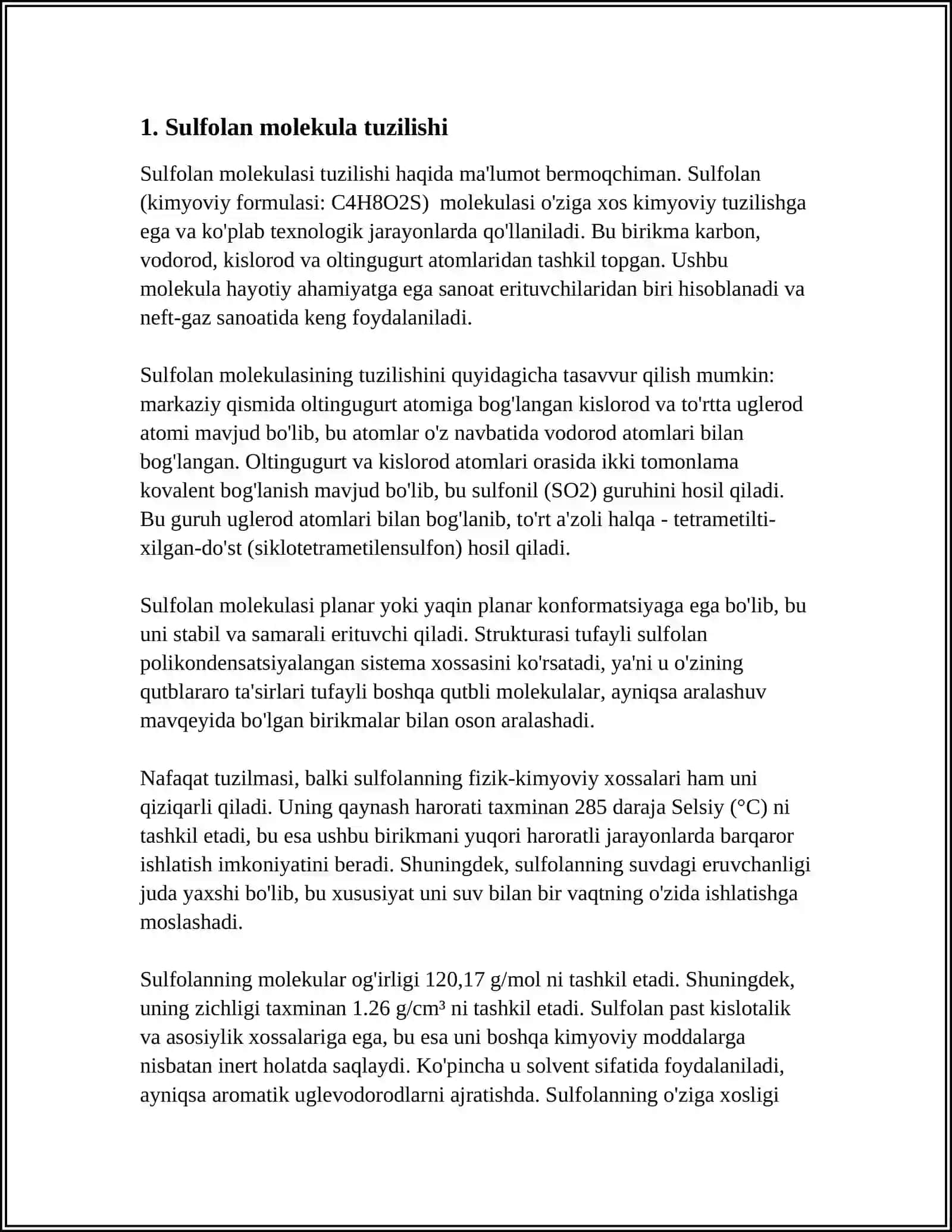 SULFOLAN VA UNING BIRIKMALARINING MOLEKULA TUZILISHI, OLINISHI, XOSSALARI VA ISHLATILISHI 3