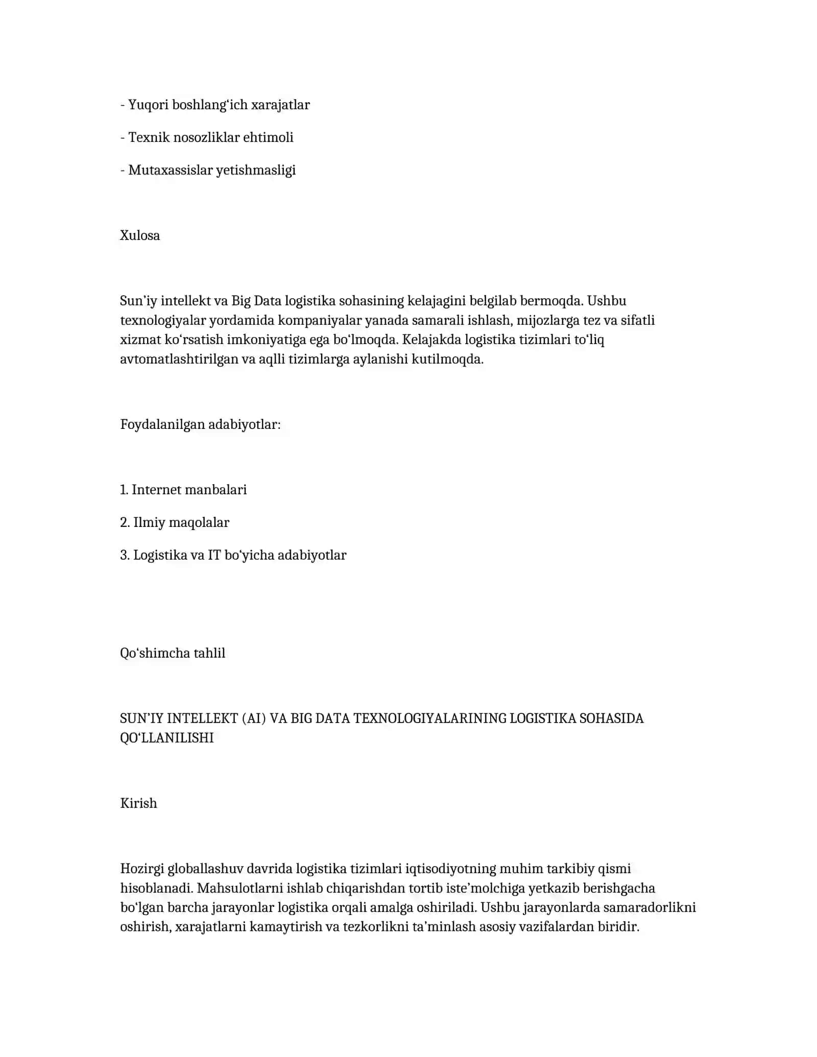 SUN’IY INTELLEKT (AI) VA BIG DATA TEXNOLOGIYALARINING LOGISTIKA SOHASIDA QO‘LLANILISHI 3