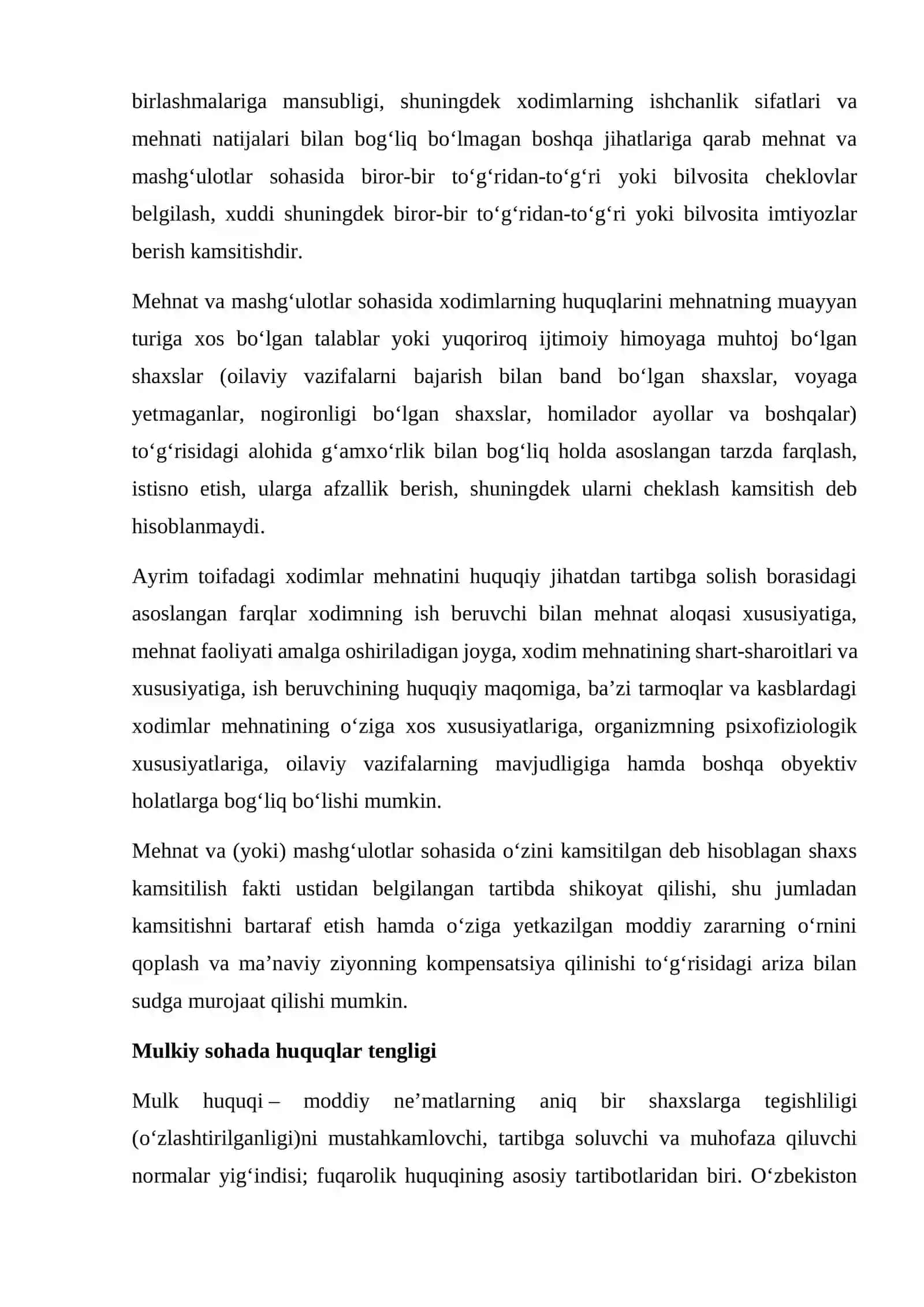 Mehnat va mulkiy sohalarda huquqlar tenglikni va uni ta’minlash 3