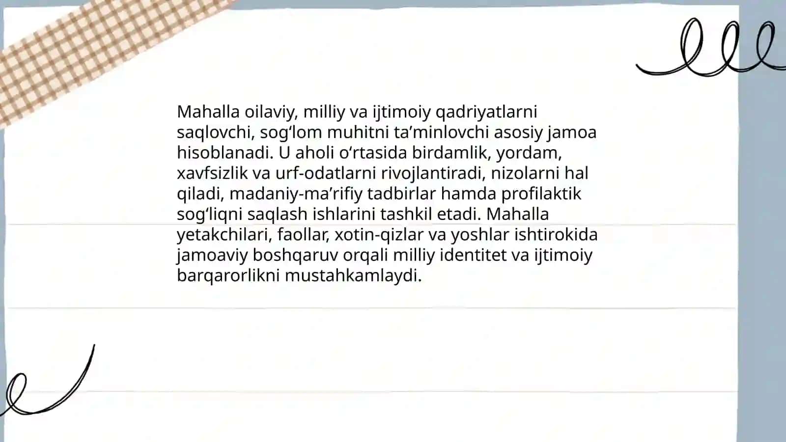 Mahalla sogʻlom milliy ijtimoiy muhit maskani ekanligi borasida ijtimoiy rolik tayyorlang 3