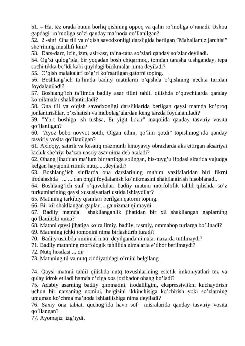 Ona tili o‘qitish metodikasi fanidan yakuniy test 3