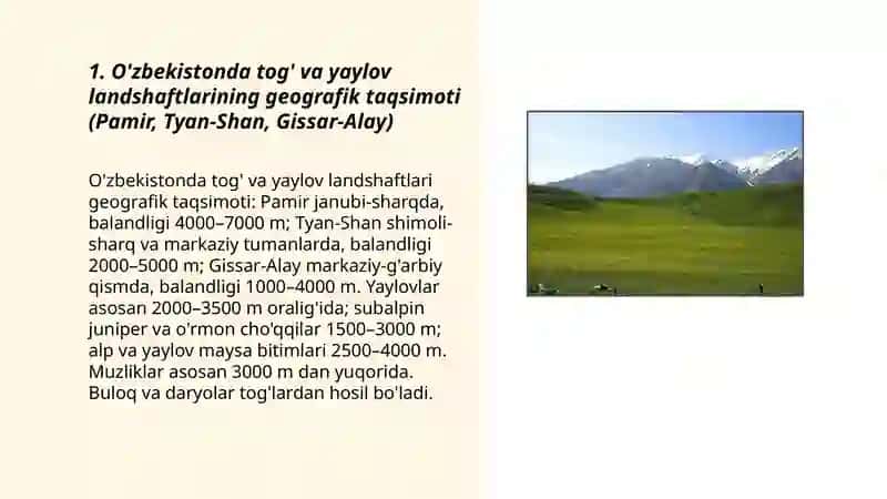Ôzbekistonda toğ va yaylov mintaqasi landshaftlari va ularda tirik organizmlar 3