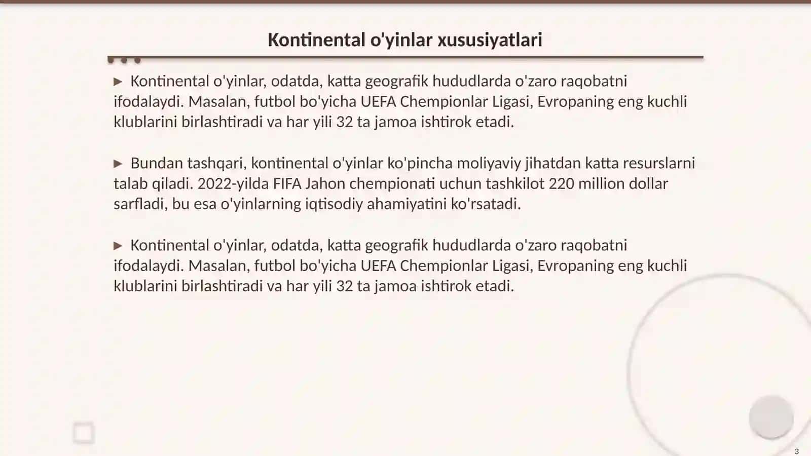 Kontinental va Regional oʼylar 3